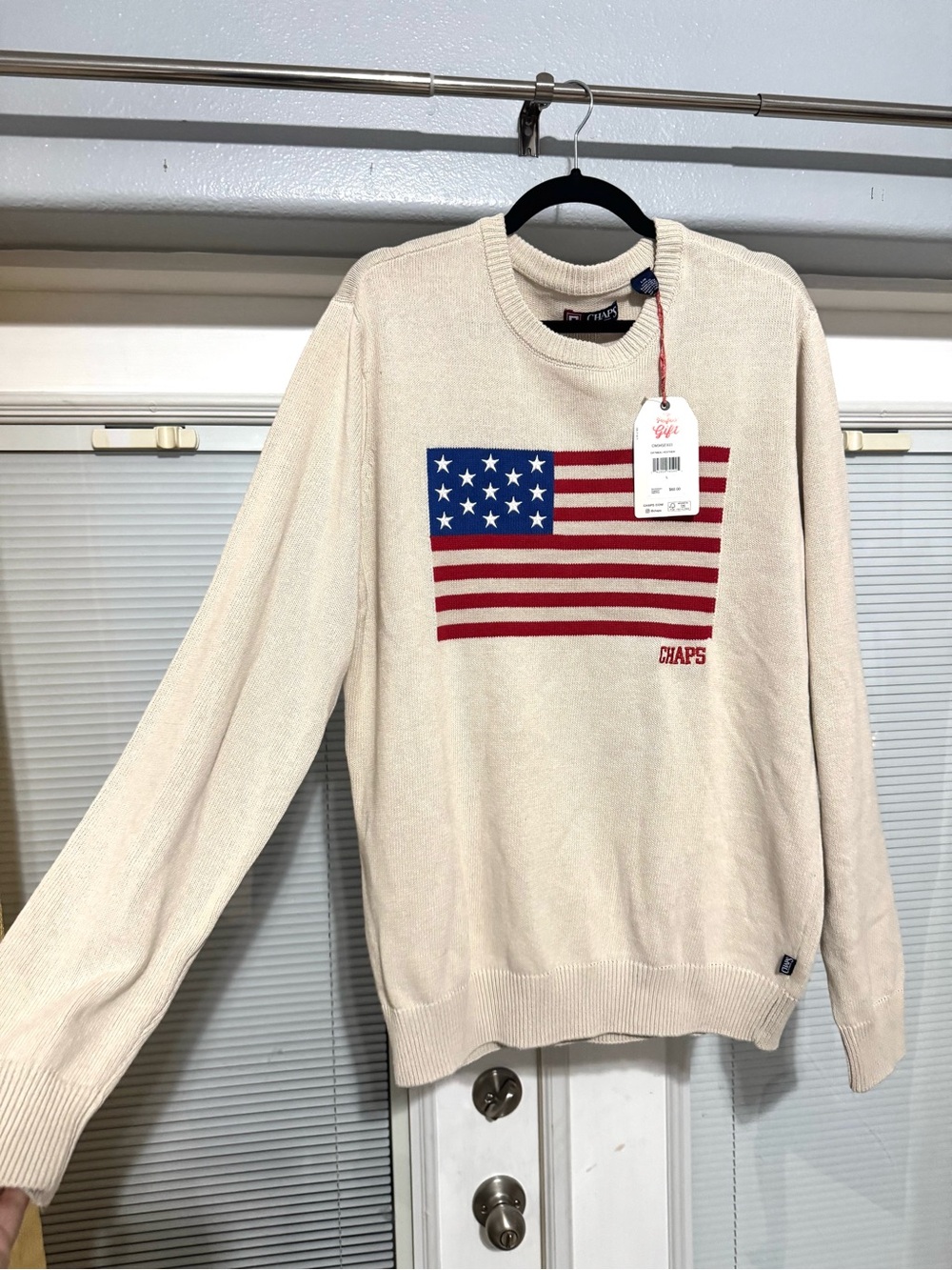 Chaps Men’s Cream Crewneck Sweater with Red & Blue Flag Detail